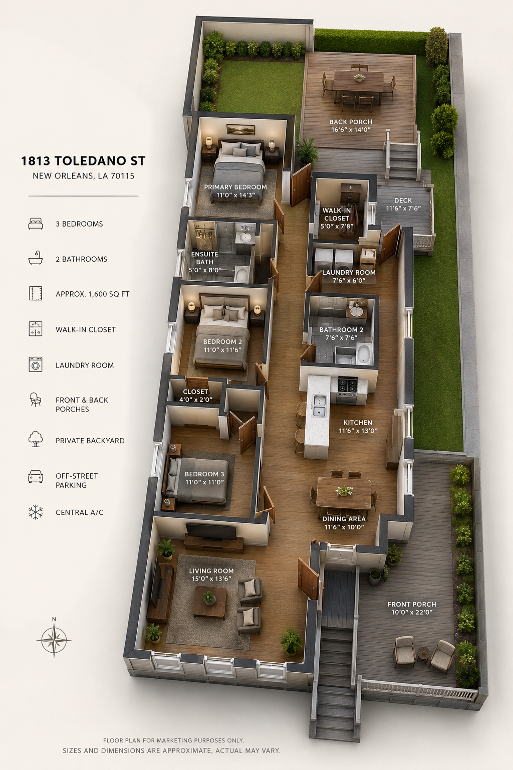 Floor plan of 1813 Toledano St showing 3 bedrooms, 2 bathrooms, kitchen, living room, laundry, and outdoor spaces